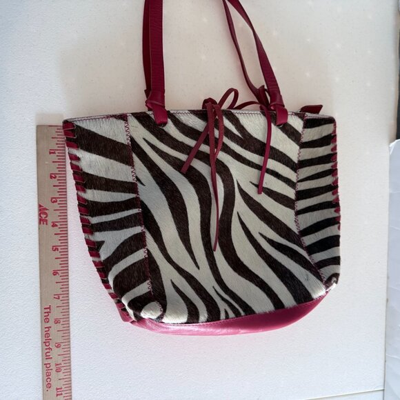 Bloomingdales Zebra Print Leather Tote Bag Whipstitch Detail Black Red Italy - Picture 4 of 6